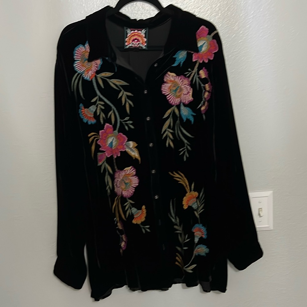 Johnny Was Velvet Embroidered Shirt